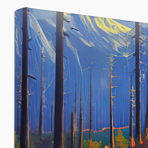A pine wood panel with a blue glass cabinet and pine trees.