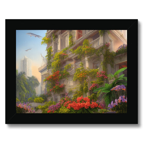 Art print of a tropical city setting surrounded by flowers and trees.