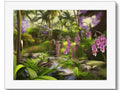 A lush green tropical garden adorned with a purple orchid, a bird, and some