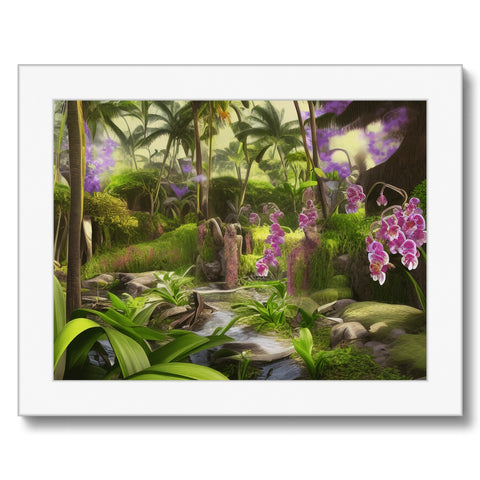 A lush green tropical garden adorned with a purple orchid, a bird, and some