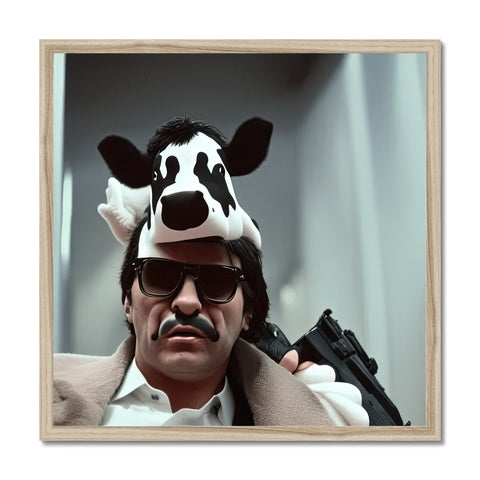 A cow standing in the corner of a room holding a wooden framed poster