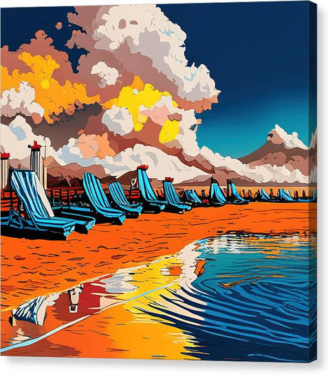 Artistic Pop Art Dramatic Beach Painting with Clouds and Reflective Water - Canvas Print