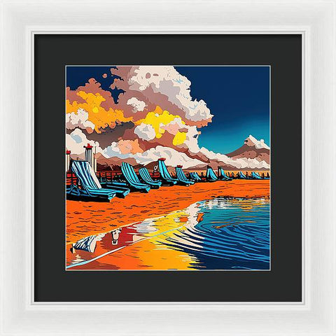 Artistic Pop Art Dramatic Beach Painting with Clouds and Reflective Water - Framed Print