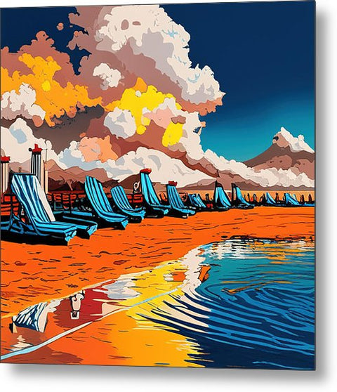 Artistic Pop Art Dramatic Beach Painting with Clouds and Reflective Water - Metal Print