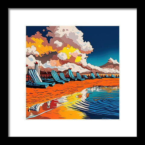 Artistic Pop Art Dramatic Beach Painting with Clouds and Reflective Water - Framed Print