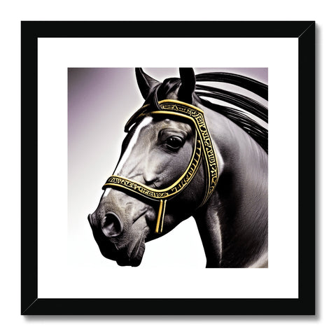 A horse posing with bridles and hat inside of a frame.
