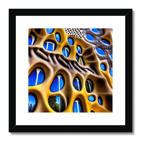 This image of a gold framed view of a rock wall of an architectural design.
