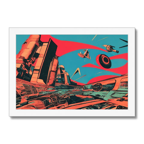 A small red and white framed poster of jet planes and jets.