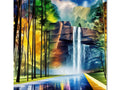 A decorative water scene with a rainbow painted shower curtain with a waterfall in the background.