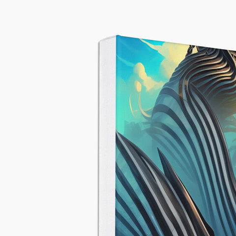 a zebra standing on top of a bed under waves with a picture on it's