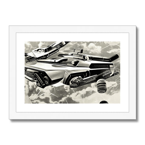 A print art print displaying a vehicle in black and white that appears to be a classic