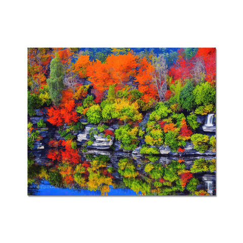 An artwork view of fall foliage on a picture plaid and white border.