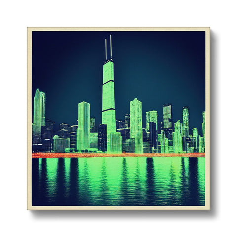 A skyline with light green buildings, clouds and lights. 