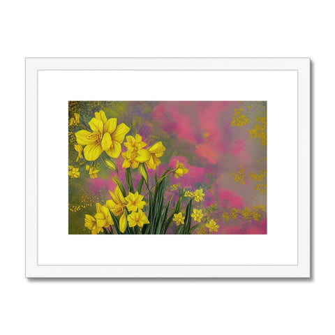 An art print with yellow daffodils in a wall with a large white basket