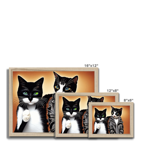 a picture frame with three cats hanging on to a white background in the frame