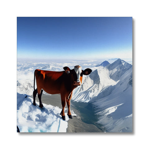 a cow standing on top of a tall mountain with a black and white background
