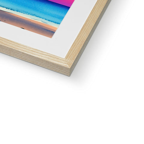 There is a photo of a white photo of an illustration inside of a wood frame.