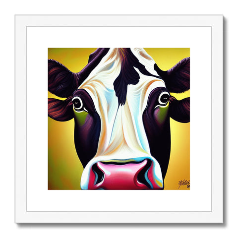 A cow has her mouth hanging open next to her head by her horns.