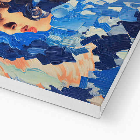 a blue art piece with large pictures attached to the cover
