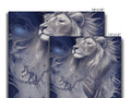 A picture of a lion standing behind a picture on a piece of wall tile.