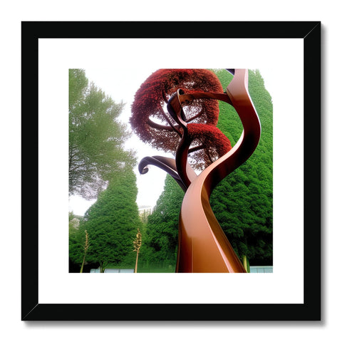 A large hanging art print hanging from a wooden frame containing a photo of a sculpture in