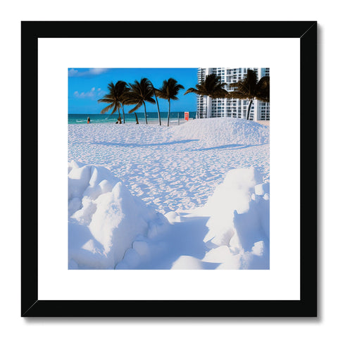 A framed up picture of white sand beach with snow and ice under the trees