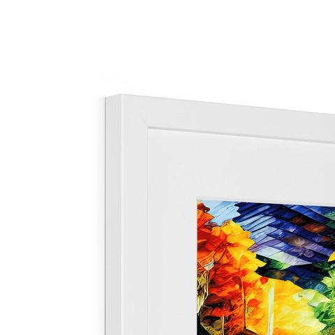 An art print on a frame is displayed in a white and green area.