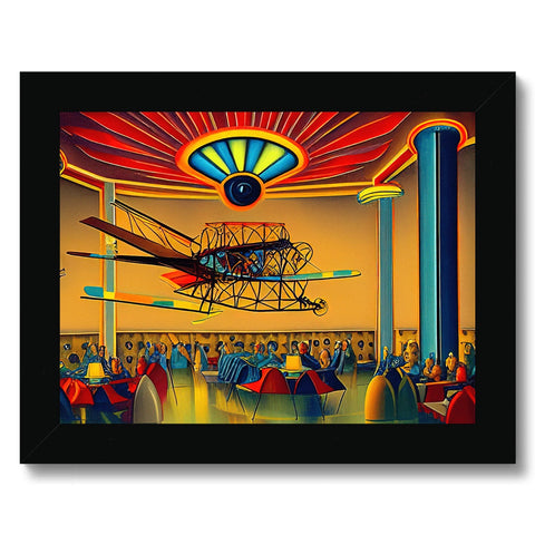 An art print on a blue table with an orange carnival ride next to it.