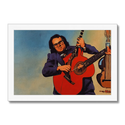 a man on a stand with a mandolin and glasses of beer
