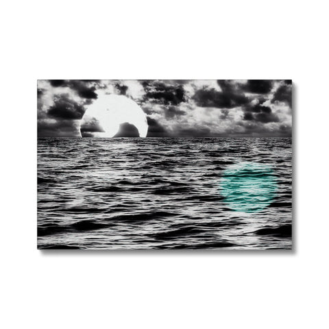 Art print on a white photo of a boat floating in the sea.