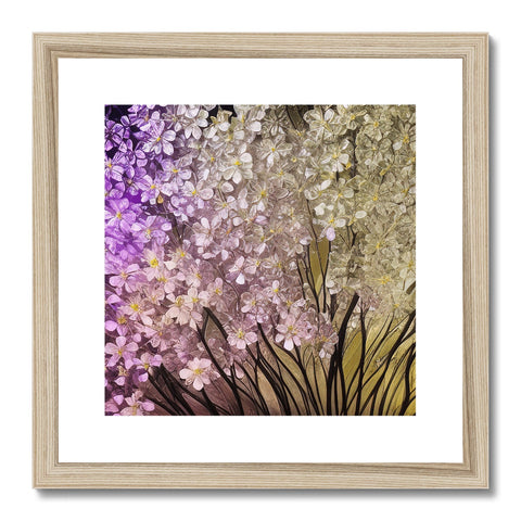 a floral picture on a white framed piece of paper has some purple flowers