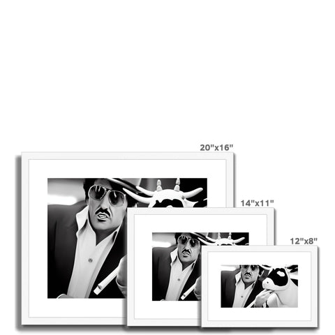 A picture frame containing four photographs of a person with sunglasses in the background and a man