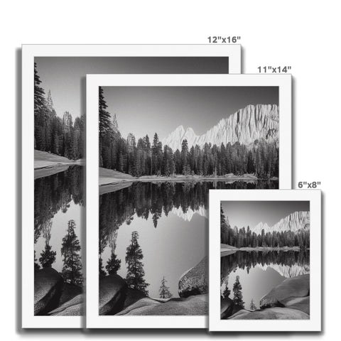 Three black and white photographs of a mountain lake that have been arranged in a photo frame