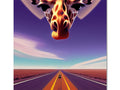 The giraffe is walking down a road in a brown field near tall bushes and trees