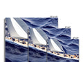 Sailboards on wind boats are shown on a ship that is very large and a