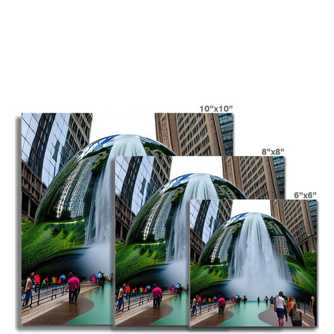 An art print is being printed on a card with a waterfall in the background.
