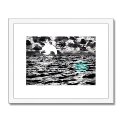 Art print of a beautiful sun setting view of the ocean, boat and lake.
