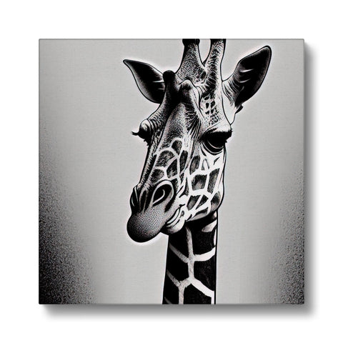 A giraffe with a black and white picture on a wall.