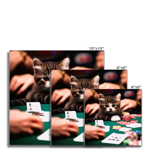 A red cardboard board with a kitten, cat and poker in the center.
