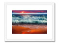 An art print with water and sun shining down upon a beach.