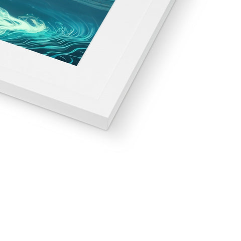 A picture of the ocean on a large white picture frame with a blue background.