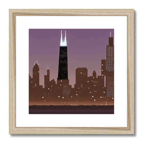 A framed art print showing a view of an enormous skyline at night.