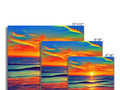 Three colorful art prints on plastic are placed to a picture with sunset set in the foreground
