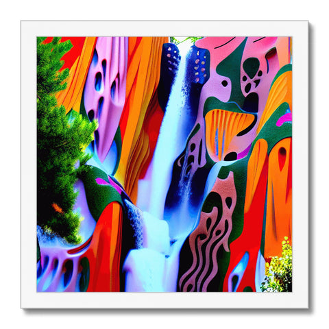 A beach with waterfalls flowing on it is painted in an abstract design.
