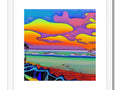 A colorful print with a sunset on a beach looking at a lake.