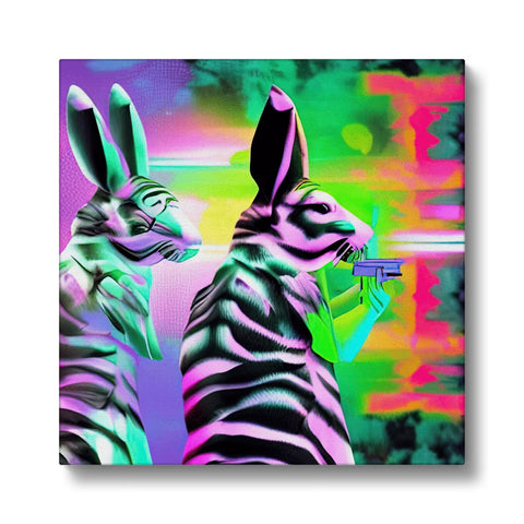 An xylophone of zebras standing around two rabbits drinking from a glass of