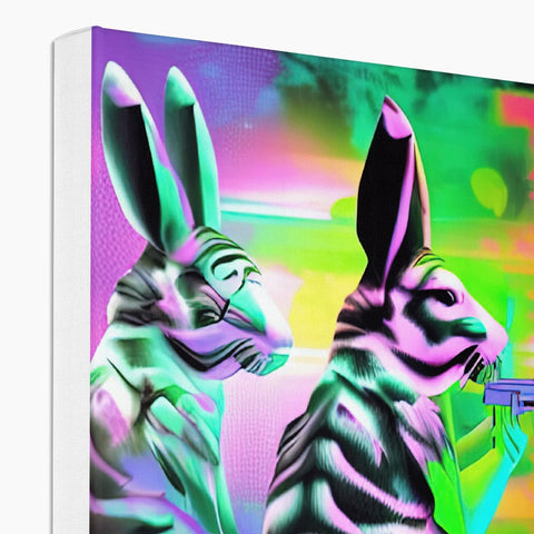 An art print of a rabbits standing beside a white video monitor with artwork on it.