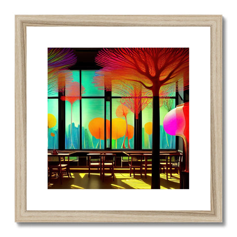 An art print that is white with colorful flowers and trees in the sky.