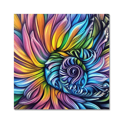 A colorful floral art print on a wall sitting on a wooden floor.
