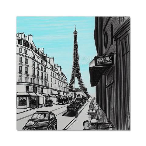 A manhole cover attached to place mats in front of a painting of Paris.